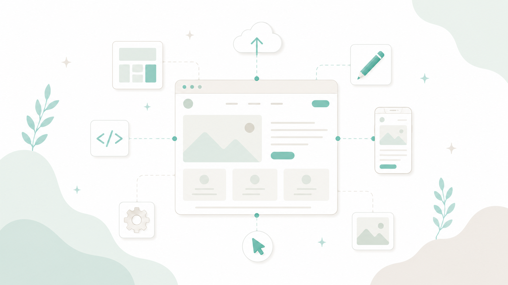 Illustration de la création d'un site web : maquette de page avec blocs de contenu, code et éléments d'interface.